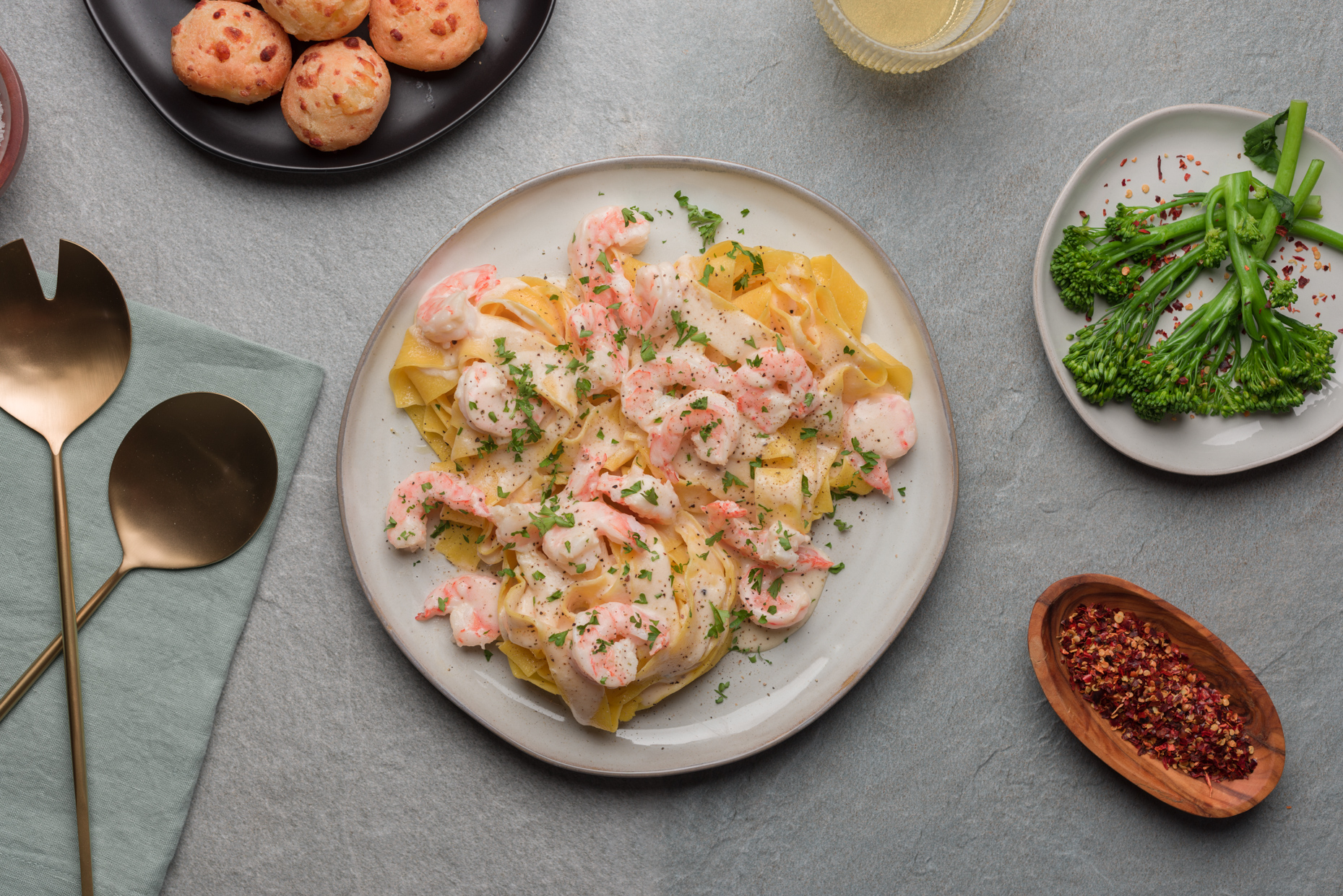 Austin-Food-Photographer-Stylist-Lifestyle-Shrimp-Table-Setting-Plates-Broccoli